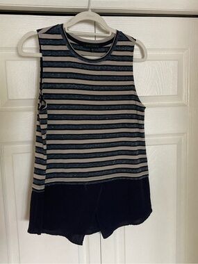 Navy and Gray Striped Tank with Solid Hem